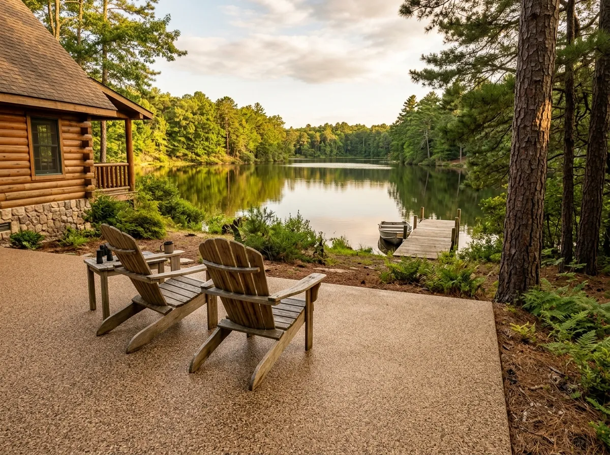 Triumph Concrete Coating Coated lakeside patio overlooking a Pine Barrens lake at a Medford Lakes NJ home