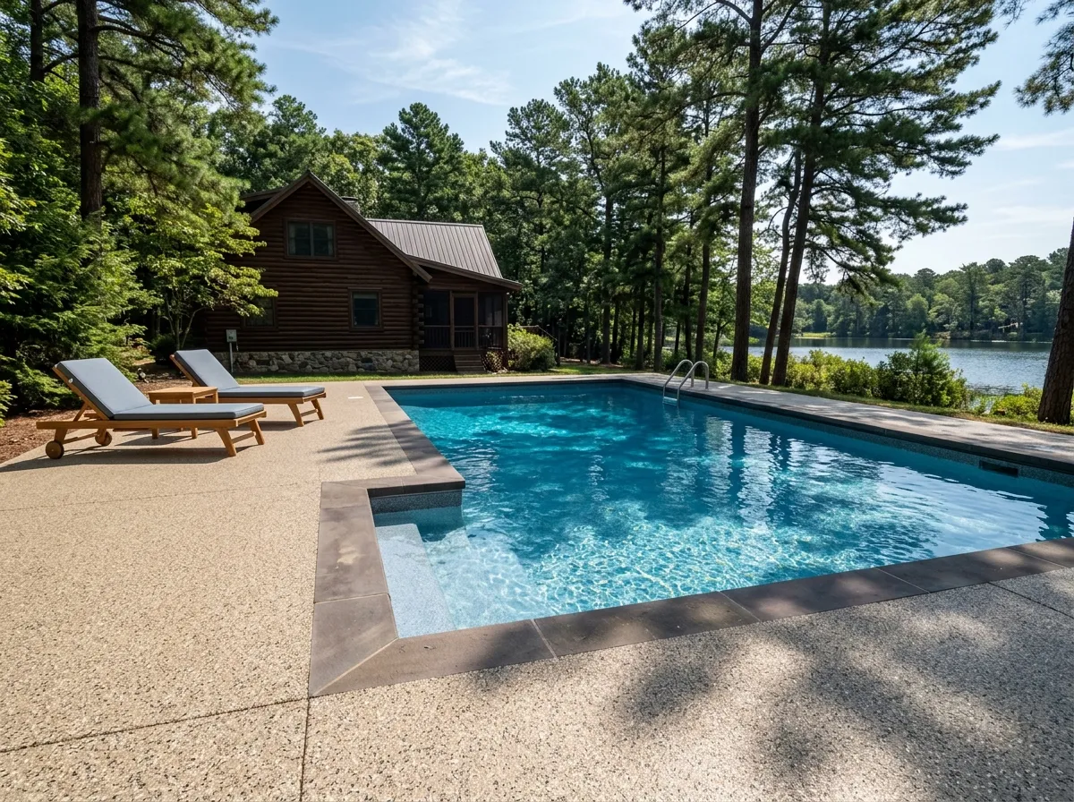 Triumph Concrete Coating Finished in-ground pool deck at a Medford Lakes NJ lakeside home