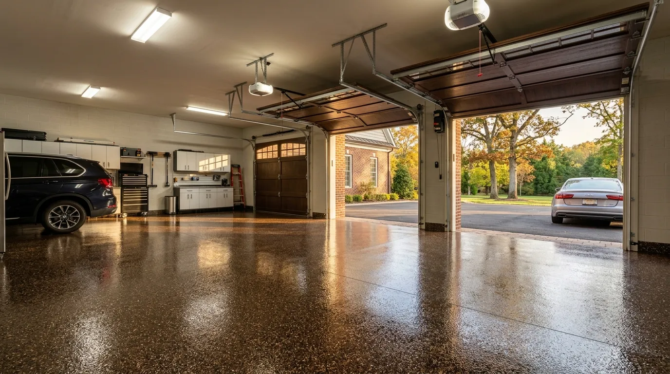 Showroom-quality metallic-flake garage floor coating in a Moorestown, NJ-style estate home