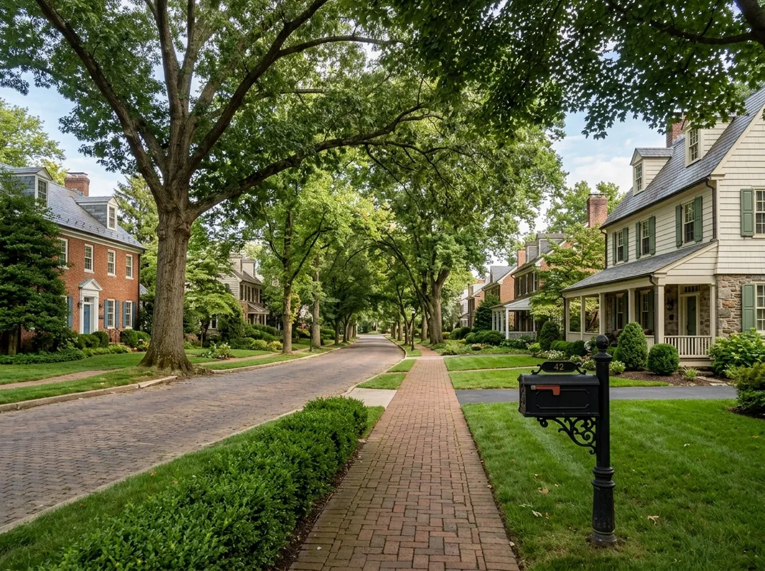 Historic tree-lined residential street near Main Street Moorestown, NJ with mature colonial homes