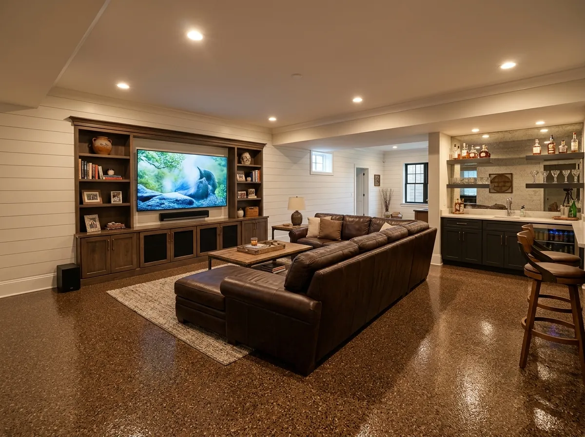 Finished basement floor coating in a Moorestown, NJ estate home