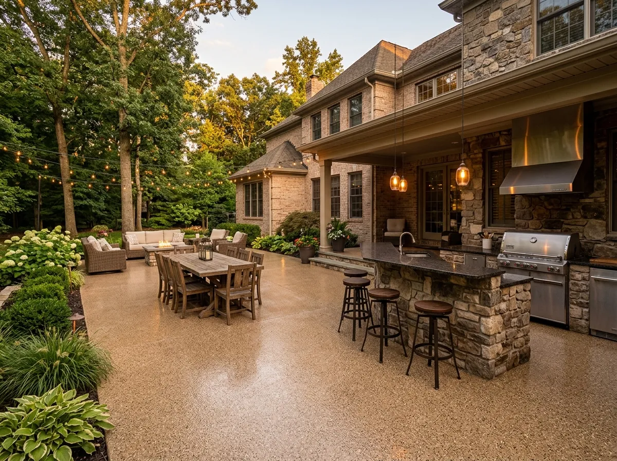 Coated rear patio with outdoor kitchen at a Moorestown, NJ estate home