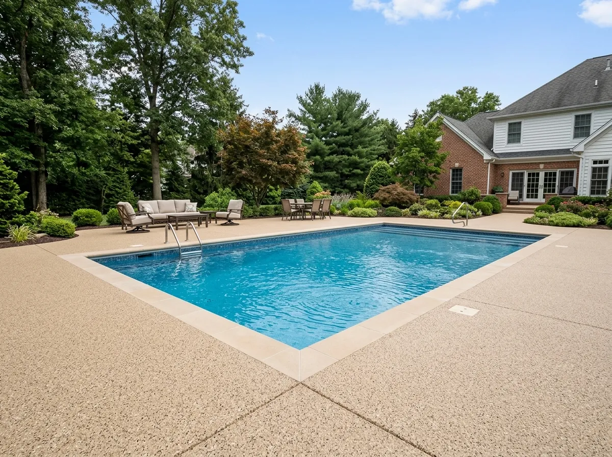 Sealed pool deck coating around a Moorestown, NJ in-ground pool