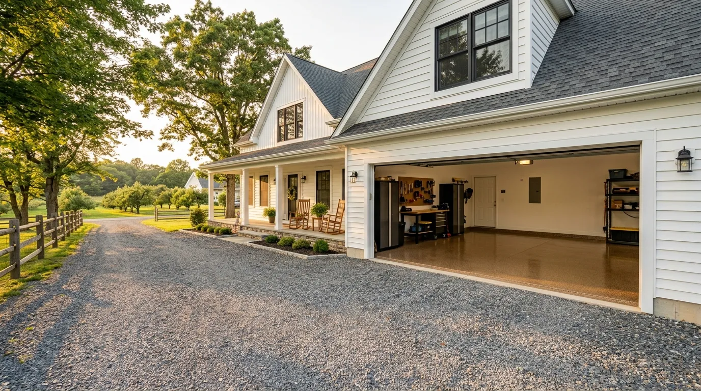 Triumph Concrete Coating Freshly coated farmhouse-style garage floor in Mullica Hill, NJ