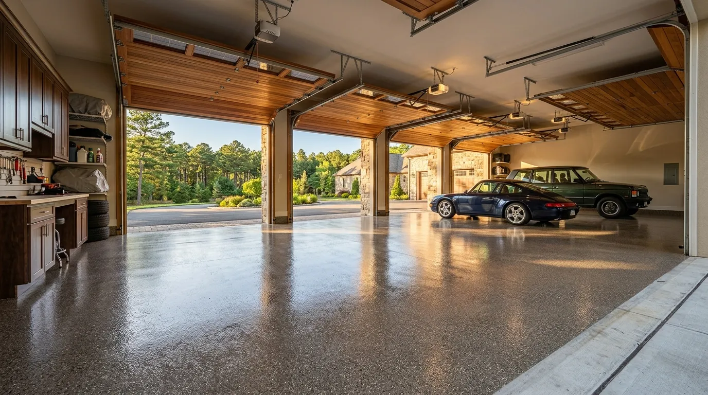 Triumph Concrete Coating Freshly coated three-car estate garage with metallic flake polyaspartic floor in Pine Valley, NJ
