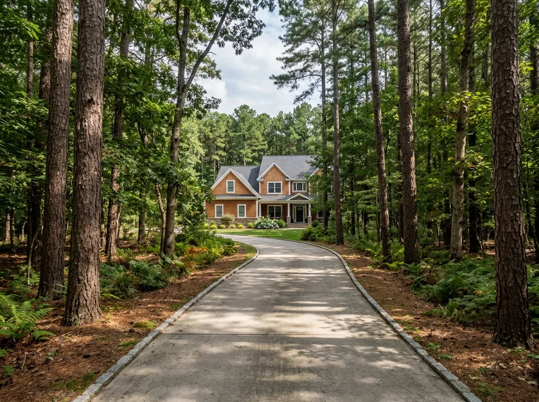 Triumph Concrete Coating Tree-shaded estate driveway with pine forest backdrop in Pine Valley, NJ