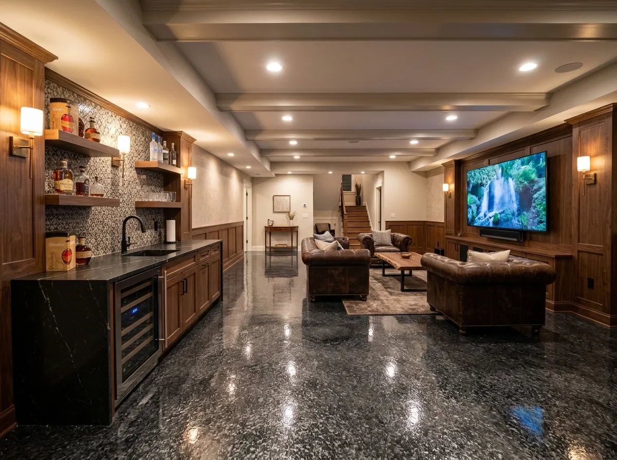 Triumph Concrete Coating High-end finished basement with coated floor in Pine Valley, NJ