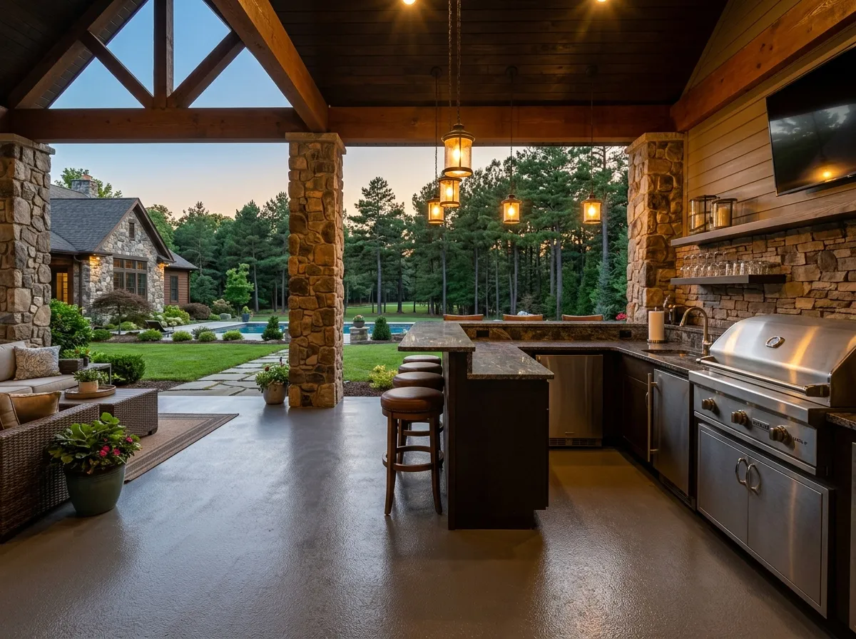 Triumph Concrete Coating Covered residential patio with outdoor kitchen in Pine Valley, NJ