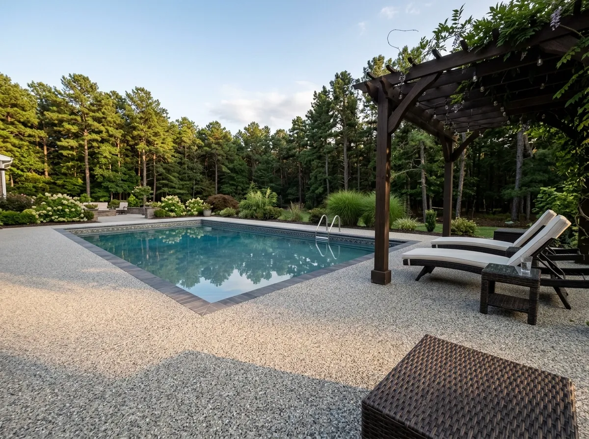 Triumph Concrete Coating Coated residential pool deck in a Pine Valley, NJ backyard