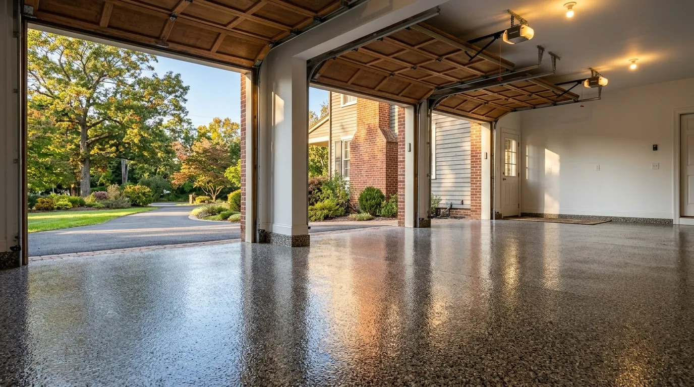 Polyaspartic flake garage floor in a Salem, NJ home