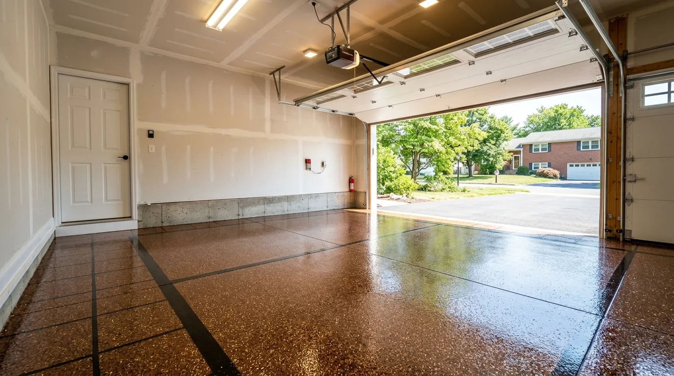 Triumph Concrete Coating Freshly coated two-car attached garage floor in Turnersville, NJ with metallic flake polyaspartic finish