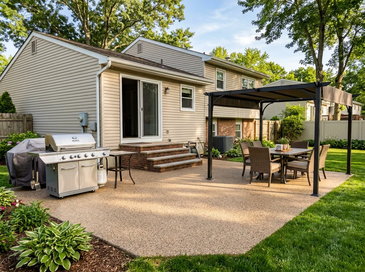 Triumph Concrete Coating Finished backyard patio with grill and flake polyaspartic floor coating