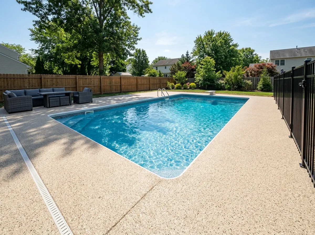 Triumph Concrete Coating Coated pool deck with slip-resistant flake finish in Turnersville backyard
