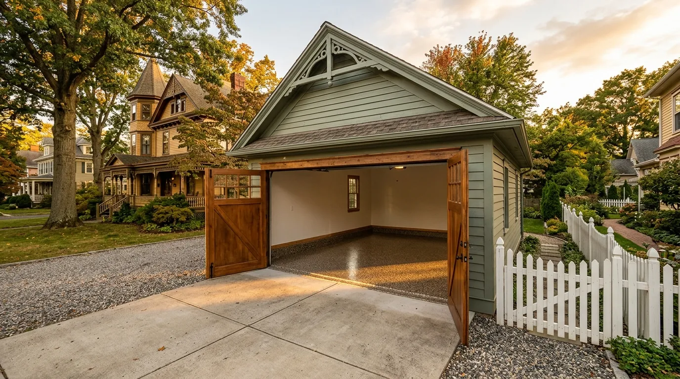Polyaspartic flake garage floor beside a Victorian home in Wenonah, NJ