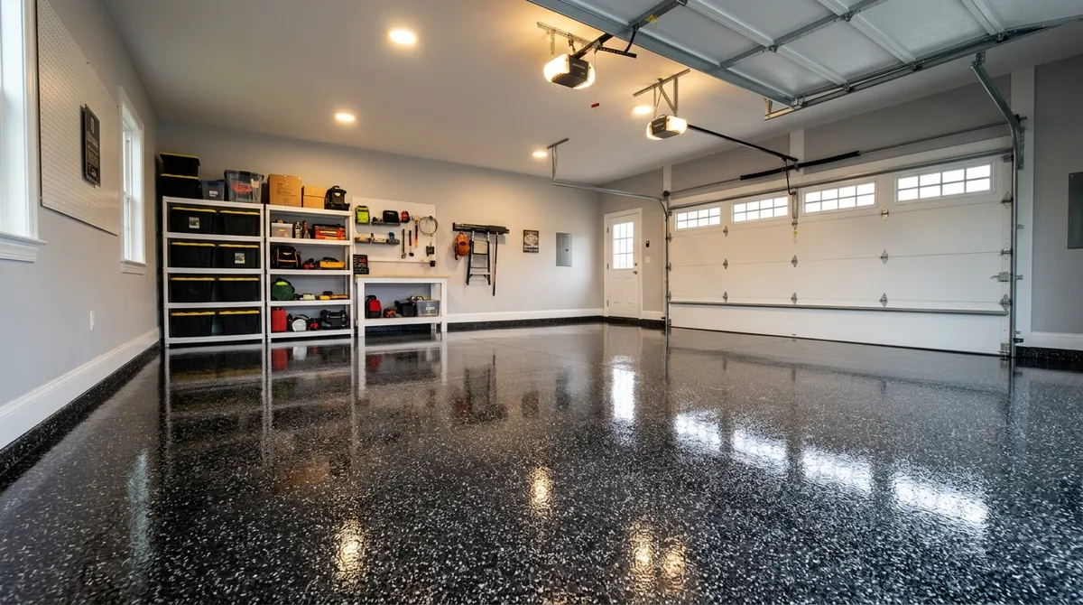 Triumph Concrete Coating Finished two-car garage with metallic flake polyaspartic floor