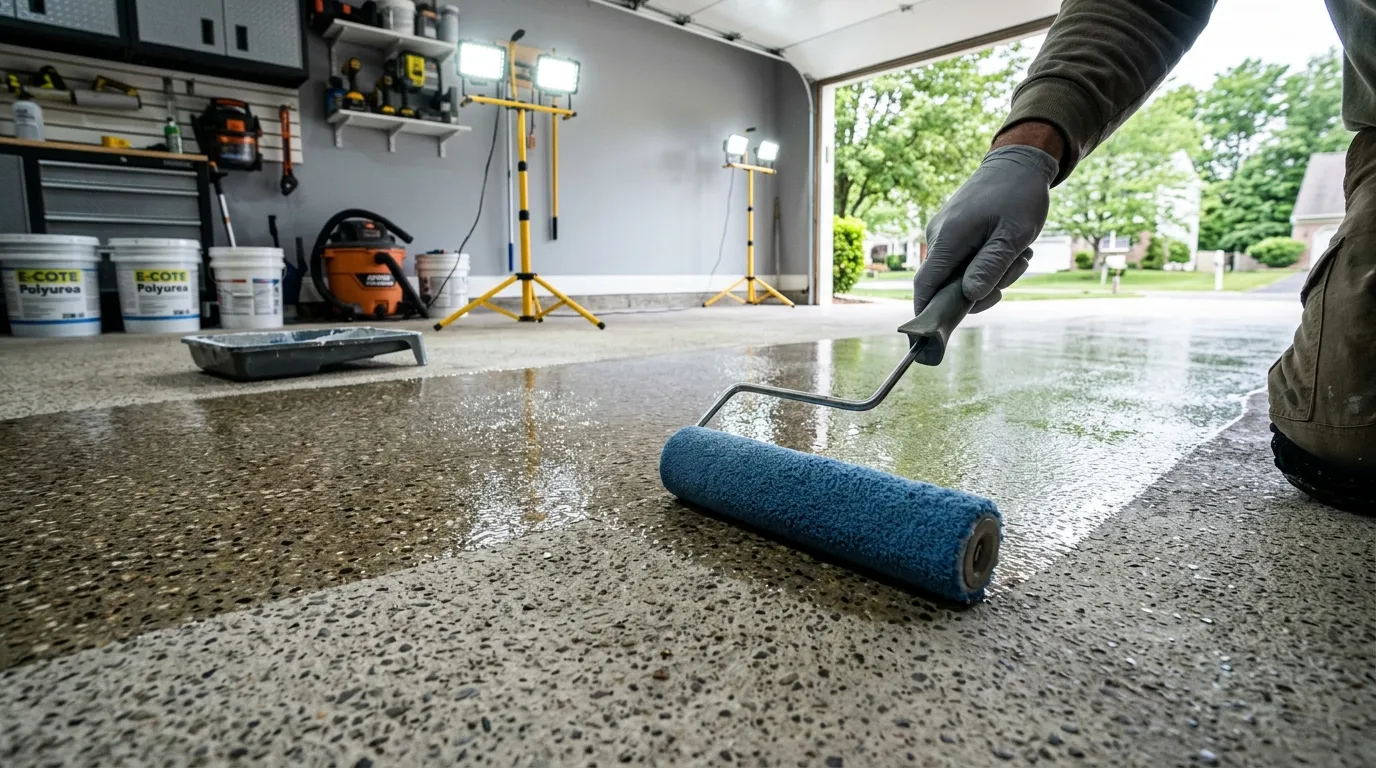 Triumph Concrete Coating Diamond-ground concrete slab being rolled with a polyurea base coat